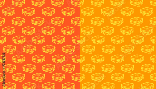 Sandwich Seamless Pattern Design. Grilled Food Illustration Style. Layered Bread Filling Motif. Handdrawn Fast Food Pattern. Background For Packaging Textile.