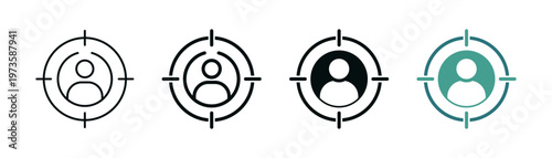 Target audience icon set with user profile in crosshair, ideal for marketing, customer targeting, and person persona. line and filled vector icons