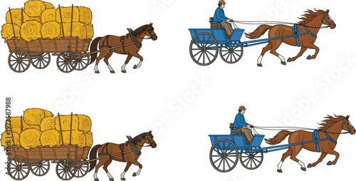 Horse drawn cart and carriage illustration set, farm transport, hay wagon, rural agriculture scene, vintage transport, equine vehicle vector collection