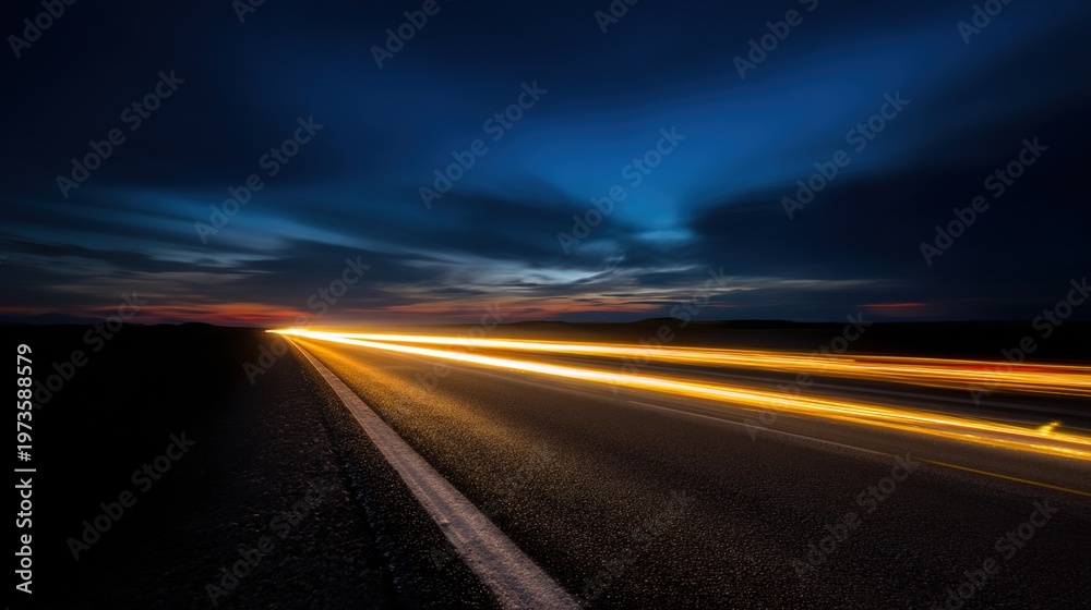 Fototapeta premium commute. A nighttime road illuminated by streaks of light, creating a dreamy and atmospheric urban scene. mobility guides, transit brochures, designed for mobility and urban transit guides.