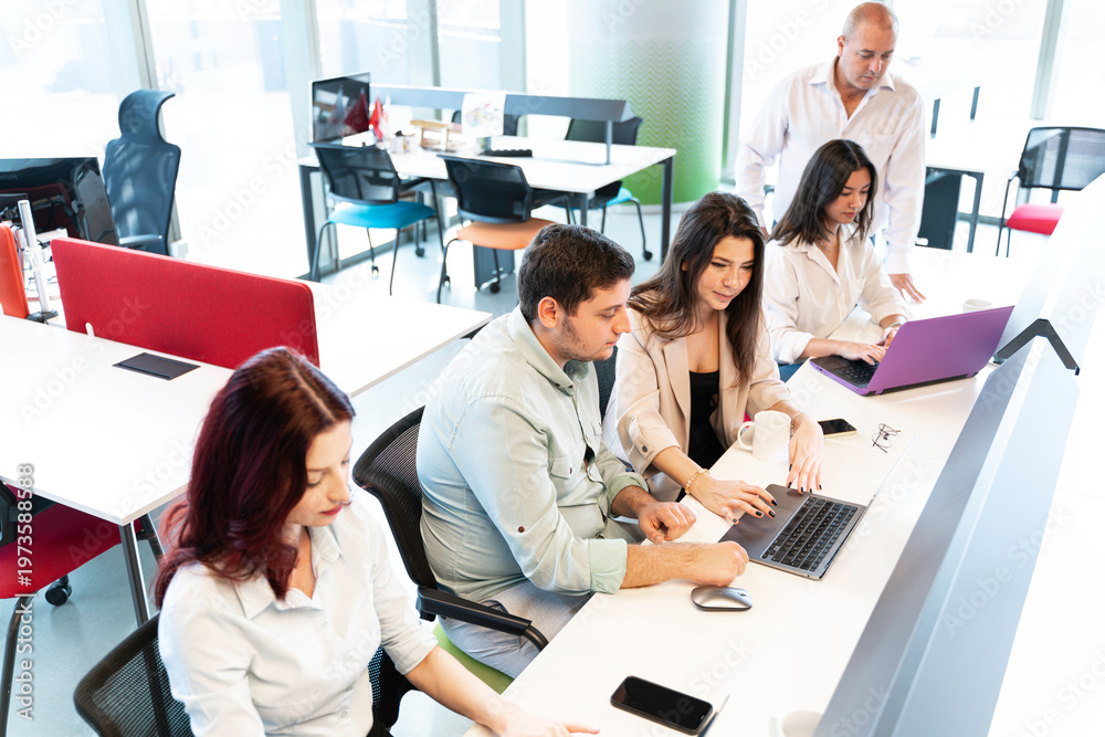 Fototapeta premium colleagues collaborate on projects using laptops at a long desk in a bright, office space with large windows. They work in a meeting or brainstorming.