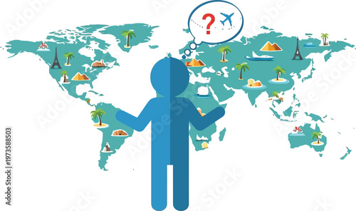 Traveler icon stands before a world map wondering about future destinations.