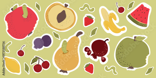 Cute fruit sticker set with bitten fruits and worms, hand drawn flat illustration. Includes apple, pear, banana, pomegranate, watermelon, strawberry, cherry and other elements, with flavors and worms.