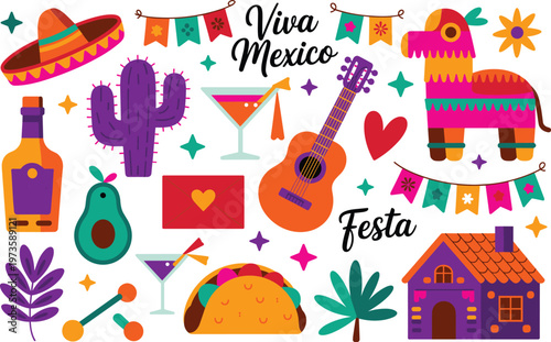 Vibrant mexican fiesta celebration with traditional symbols and bright colors