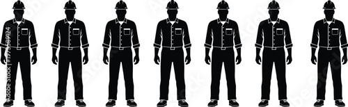 construction worker silhouettes uniform helmet standing poses industrial labor people black isolated vector illustration collection set