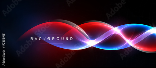 Abstract neon waves, red and blue hues, dark background. Modern design element, vibrant energy, smooth curves. Minimalist style.