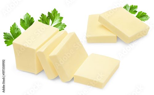 Pieces of butter isolated on white background. clipping path
