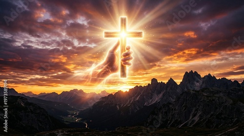Divine Embrace: A radiant cross, held aloft by a celestial hand against a backdrop of a fiery sunset and towering mountains, invoking faith and spirituality.