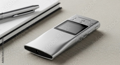 Silver Voice Recorder with Notebook and Pen on Textured Surface