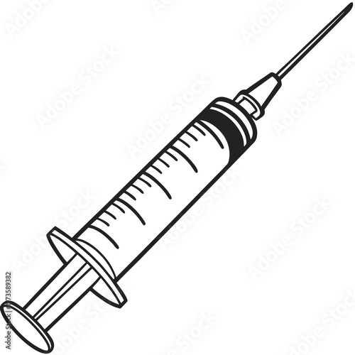 Medical syringe vector illustration, black and white hypodermic needle icon, clinical injection tool for healthcare and vaccination concepts