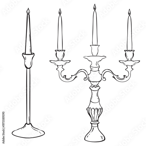 Hand drawn vintage style set of two candlesticks. One is a tall single candle holder, and the other is a three-armed candelabrum with ornate details.