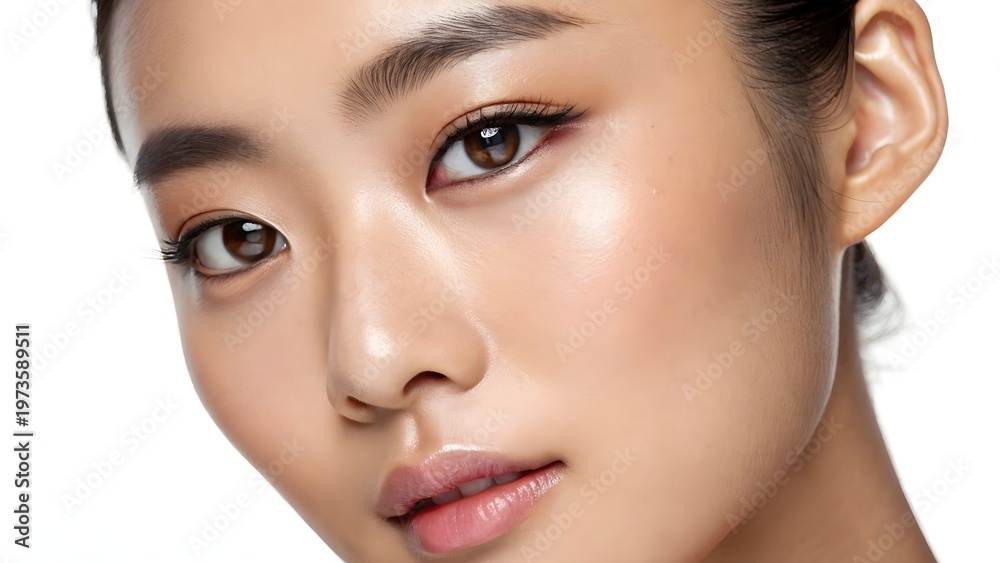 Fototapeta premium Beautiful Young Asian Woman Face With Natural Makeup And Healthy Skin - Mockup For Beauty Product Advertising On White Background