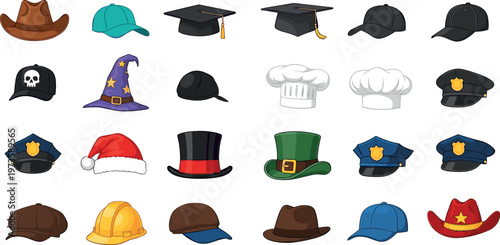Collection of Various Hats Including Cowboy Cap Graduation Chef Police Santa Witch and Safety Helmet for Fashion Costume and Profession Design