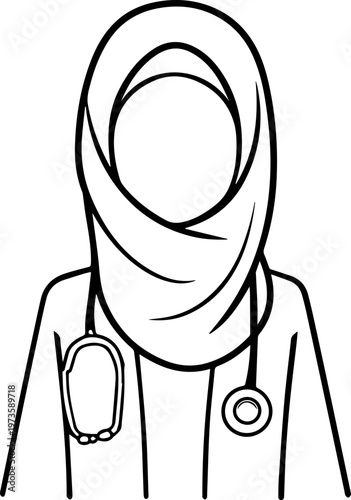 Hand Drawn Beautiful Female Doctor Wearing Hijab Black and White Illustration in Minimal Line Art Style Design