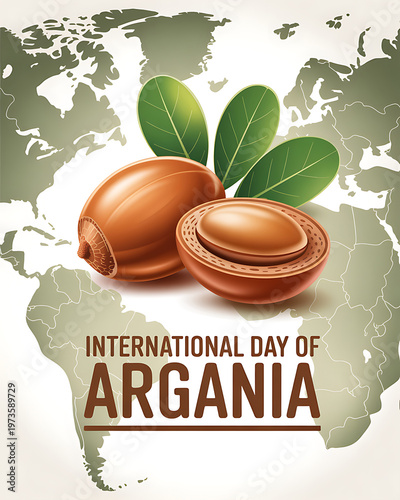 International day of argania illustration with argan nuts and leaves on world map background