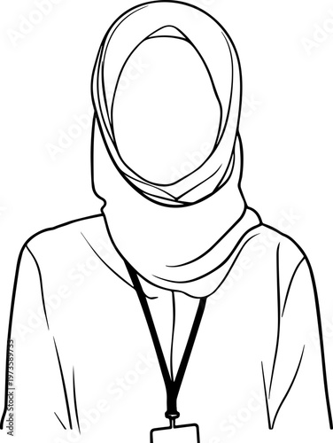 Hand Drawn Beautiful Female Doctor Wearing Hijab Black and White Illustration in Minimal Line Art Style Design