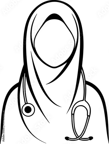 Hand Drawn Beautiful Female Doctor Wearing Hijab Black and White Illustration in Minimal Line Art Style Design