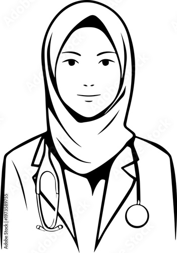 Hand Drawn Beautiful Female Doctor Wearing Hijab Black and White Illustration in Minimal Line Art Style Design