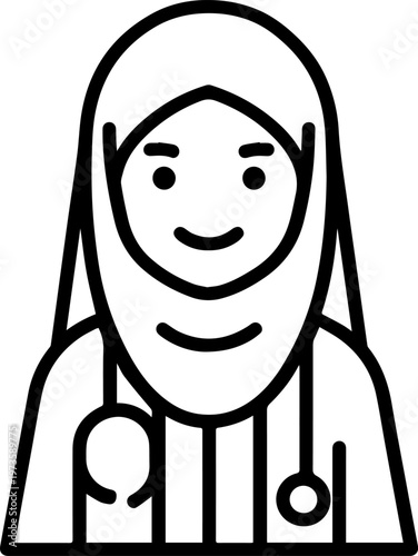 Hand Drawn Beautiful Female Doctor Wearing Hijab Black and White Illustration in Minimal Line Art Style Design
