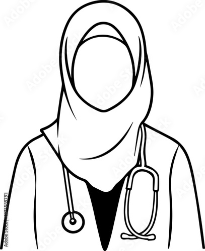 Hand Drawn Beautiful Female Doctor Wearing Hijab Black and White Illustration in Minimal Line Art Style Design