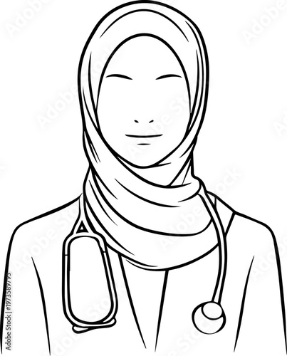 Hand Drawn Beautiful Female Doctor Wearing Hijab Black and White Illustration in Minimal Line Art Style Design