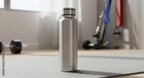 Silver Water Bottle on Yoga Mat with Dumbbells and Exercise Equipment