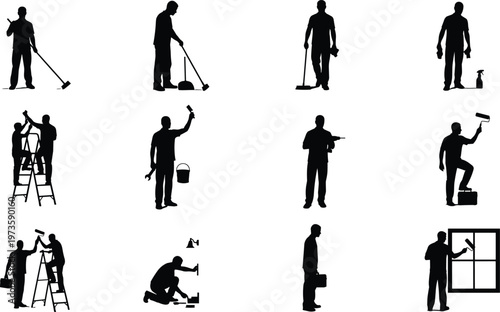 handyman painter worker silhouettes cleaning repair ladder tools bucket drill service labor industrial people black isolated vector illustration set