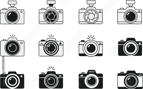 Camera icon collection with different photography styles and flash variations, modern photo equipment symbols in vector illustration set