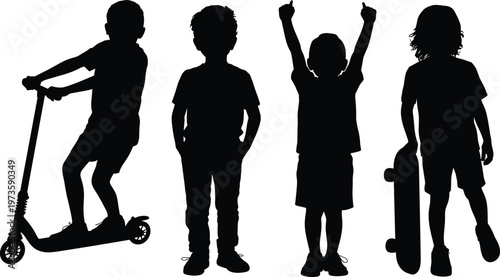 kids silhouettes set children playing scooter skateboard standing poses childhood people black isolated vector illustration collection