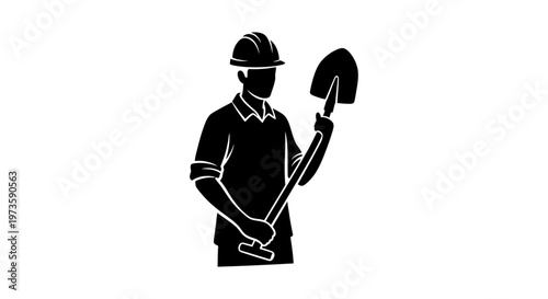 a determined construction worker holding a shovel ready for manual labor and digging symbolizing hard work and the building industry.