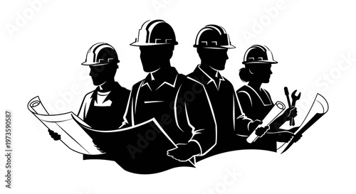 a diverse team of construction engineers and architects collaborating on project blueprints illustrating industry teamwork and professional planning.