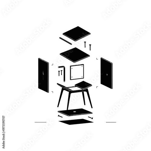 assembly furniture diagram displaying an exploded view with all components for easy diy construction instructions