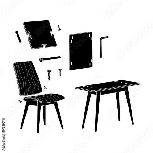 assembly furniture parts for DIY construction of a modern chair and table illustrating home improvement and simple setup