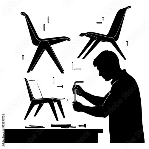 furniture assembly diy project showing a man assembling a chair with an allen wrench illustrating home improvement and the do it yourself process