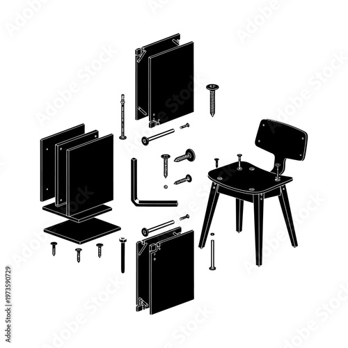 furniture assembly exploded view illustrating diy chair components and modular shelving perfect for instruction manuals.