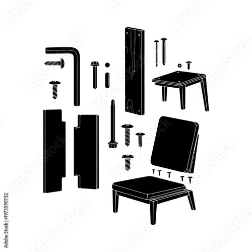 furniture assembly exploded view of a diy furniture kit showing home improvement construction components for instruction manuals.