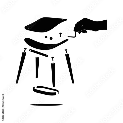 furniture assembly flat pack stool exploded view with a hand holding an allen wrench illustrating do it yourself building and instruction.