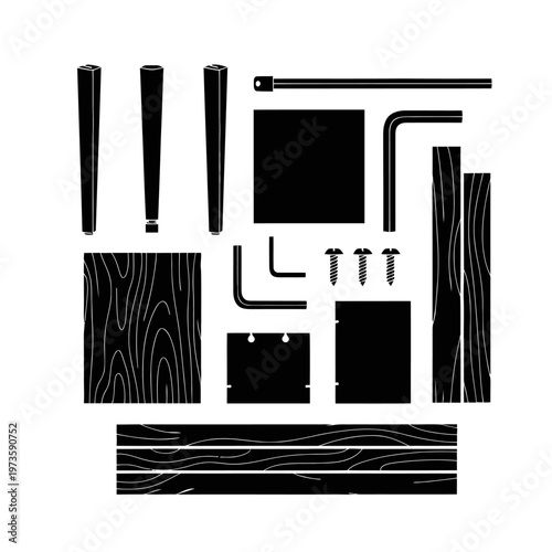 furniture assembly flat pack wooden parts for a DIY project illustrating home improvement on a clean white background.