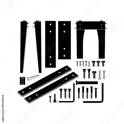 furniture assembly flat pack table legs and essential diy construction hardware components illustrated for easy building instructions