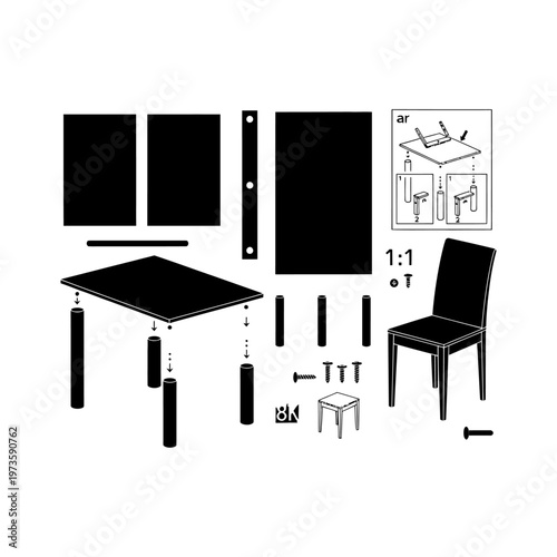 furniture assembly illustration for do it yourself home improvement showing table chair and parts for setup