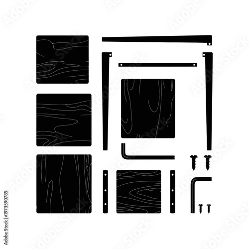 furniture assembly parts flat pack components laid out on white for diy home furnishing and interior design