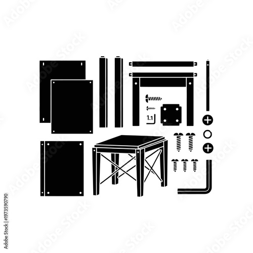 furniture assembly kit for a diy project illustrating flat pack parts and tools for home improvement instruction