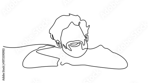 Animated self drawing of Continuous line drawing sad man alone concept. Concept of headache, depression, anxiety, and mental health. Full length single line animation. 4k video