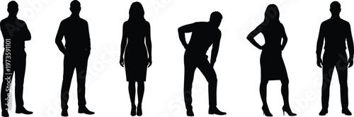 people silhouettes set standing men women casual poses human figures black isolated vector illustration collection modern lifestyle