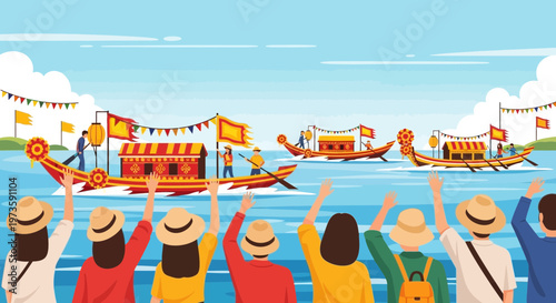 Dragon Boat Festival: Spectators cheer for racing boats on a sunny day