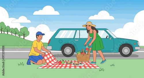 Family picnic by car on a sunny day, setting up blanket and basket