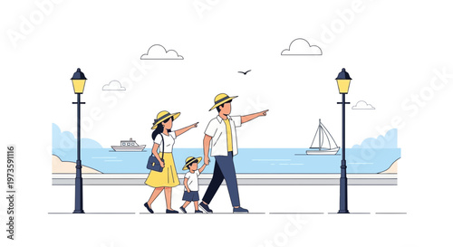 Family strolling along the seaside promenade, pointing towards the ocean