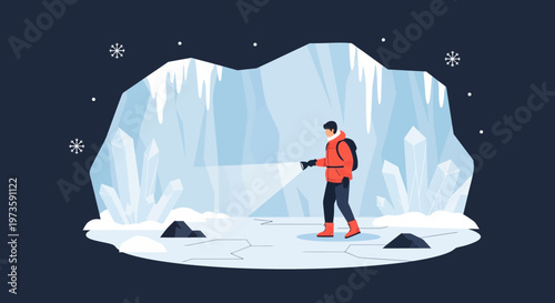 Explorer with flashlight in icy cave, surrounded by ice formations and snowflakes