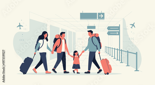 Family traveling together at airport terminal with luggage, holding hands, ready for vacation