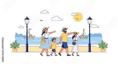 Family vacation: parents and children walk along seaside promenade, pointing at sea